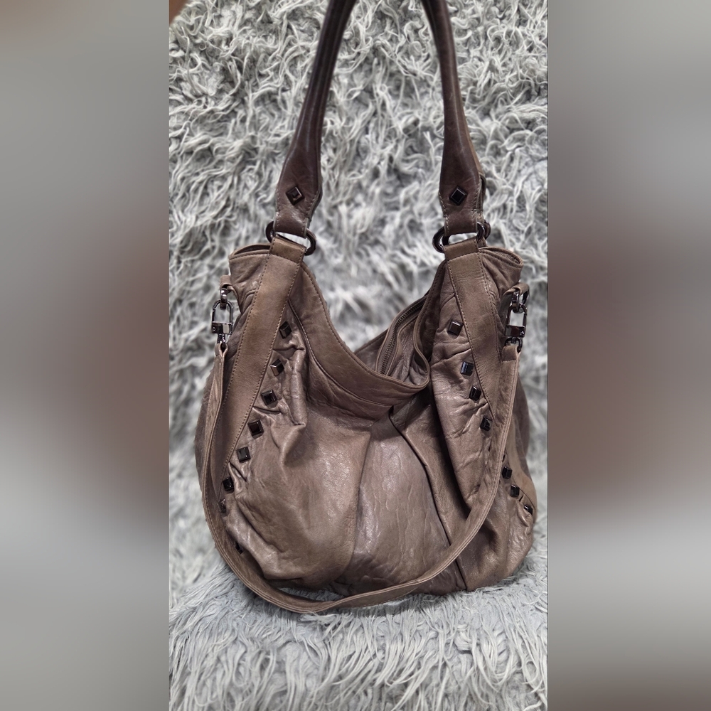 TREESJE Gray/Brown Leather Hobo Bag with studs
